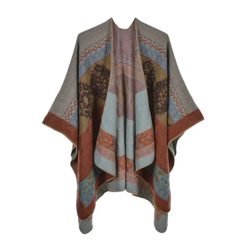 Patterned Fringed Open Front Poncho for Layering over Outfits