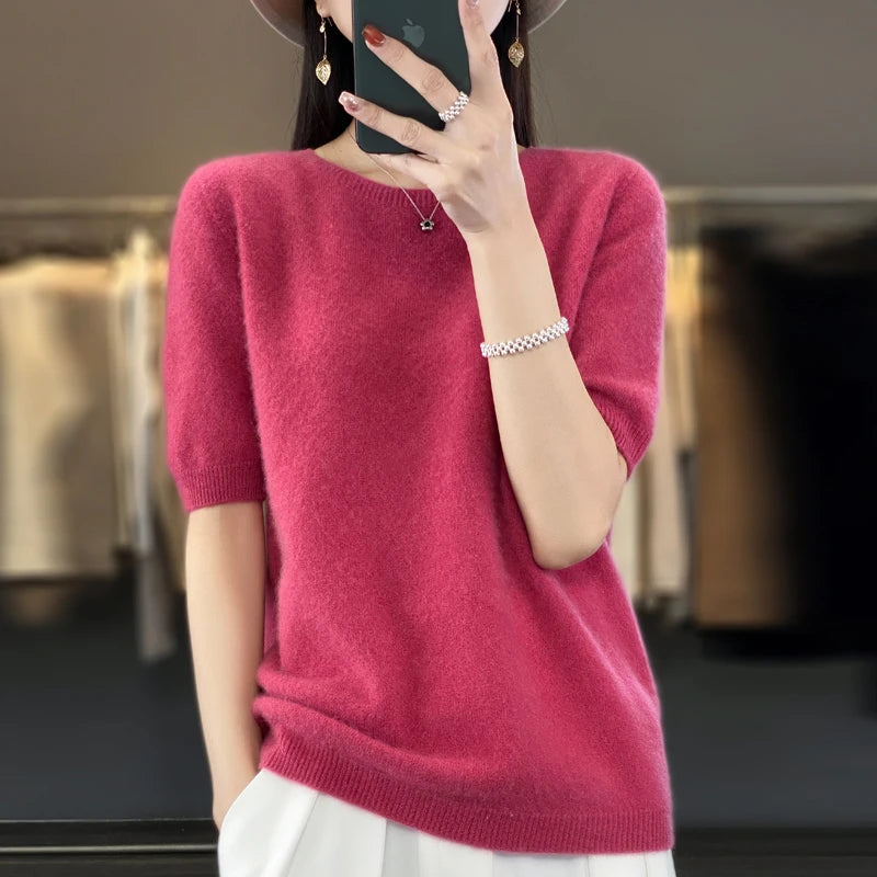 Women's Crew Neck Short Sleeve Sweater Casual Knit Layer