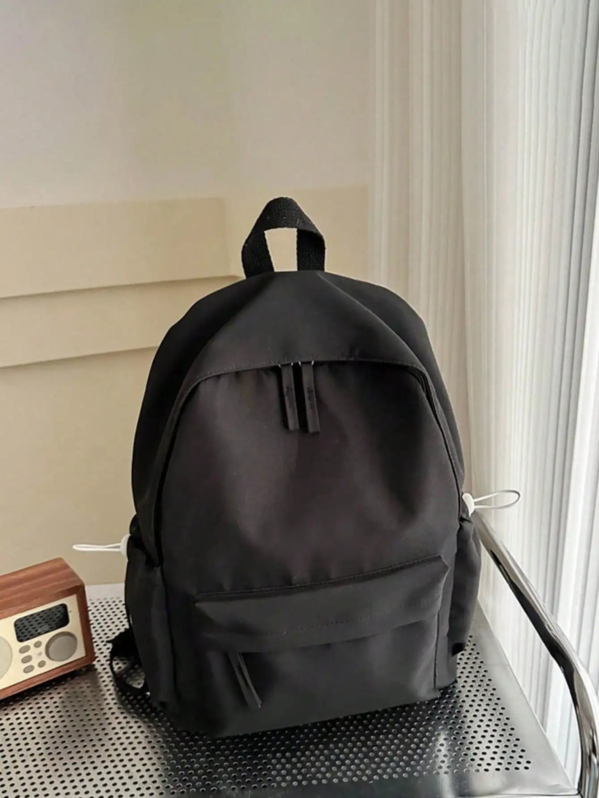 Solid Colour Student Backpack with Front Zipper Pocket and Top Handle