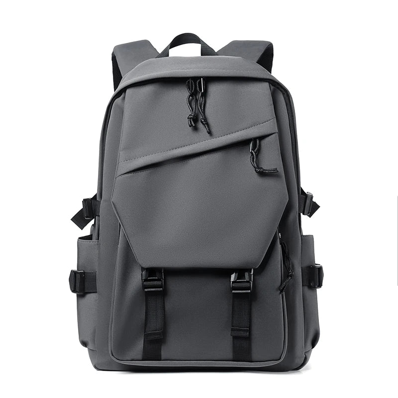 Plain Laptop Backpack with Front Pockets and Side Buckle Strap Details