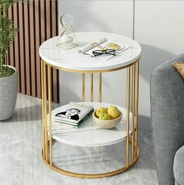 2-Tier White Marble Side Table Round Coffee Table Nightstand Jewellery Storage