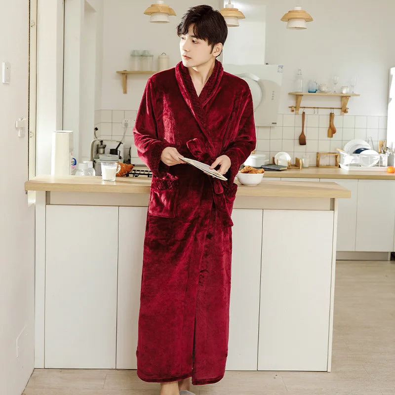 Fleece Lapel Collar Long Sleeve Tie Waist Homewear Bathrobe