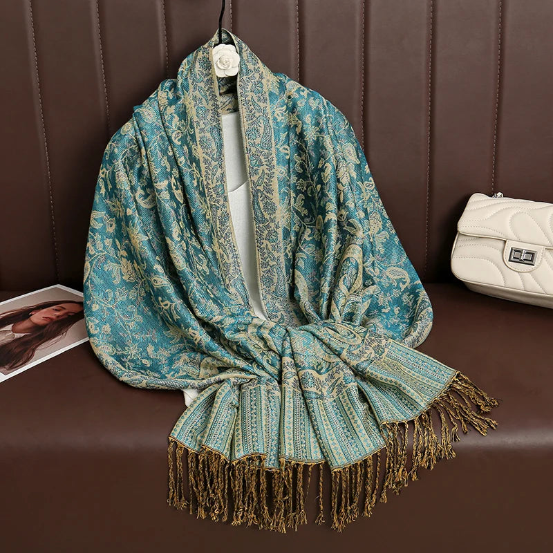Paisley Floral Print Long Scarf with Fringed Ends