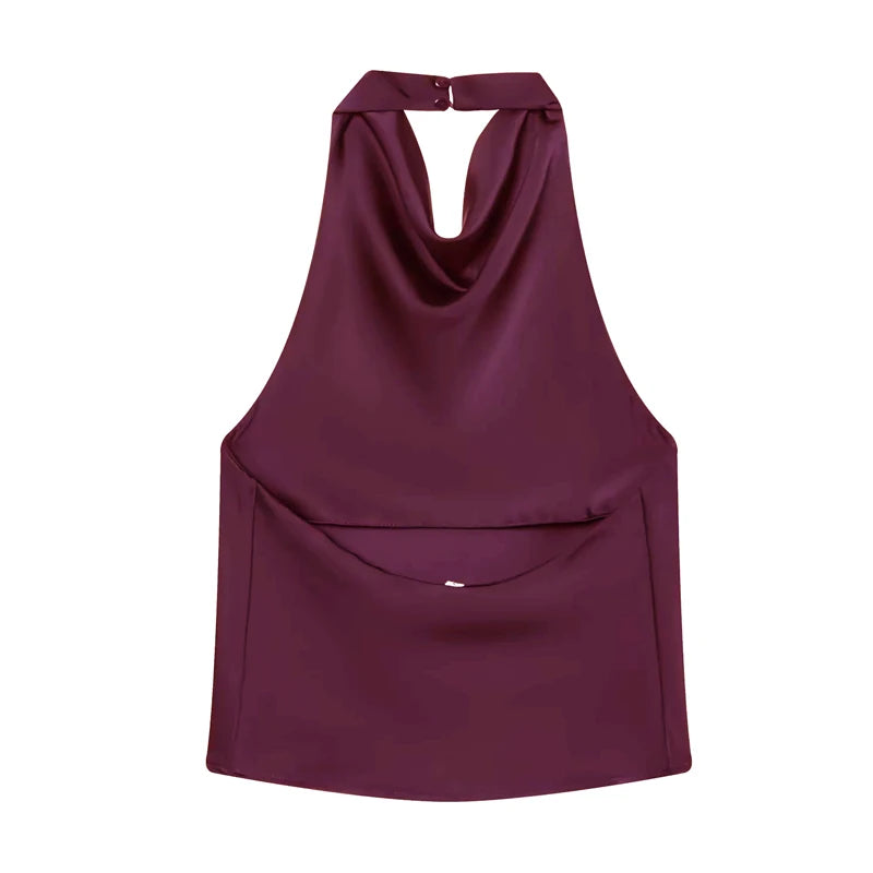 Women's Satin Polyester Halter Camisole with an Open Back and Draped Front