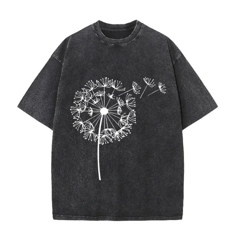 Dandelion Print Vintage Washed Brown T Shirt Casual Minimalist Streetwear Tee