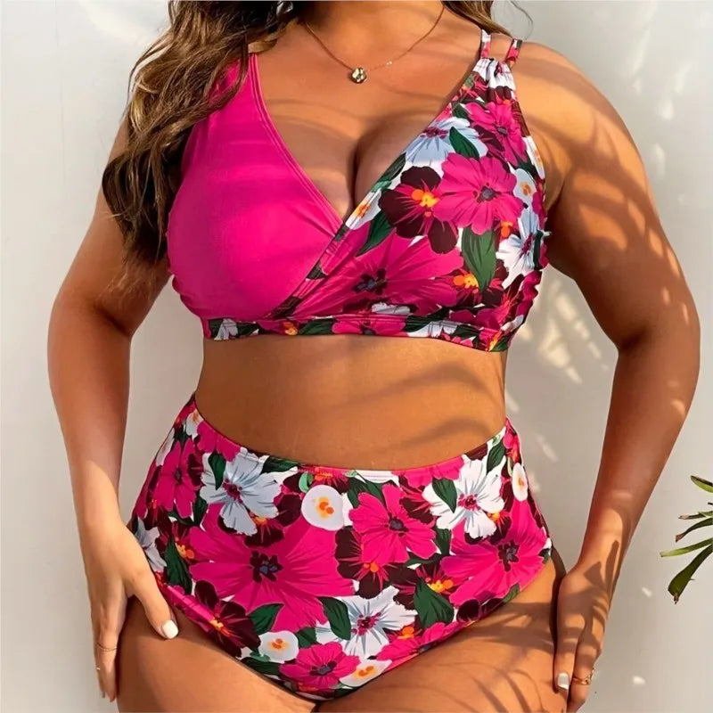 Women's Floral Print V Neck Top and High Waist Bikini Set