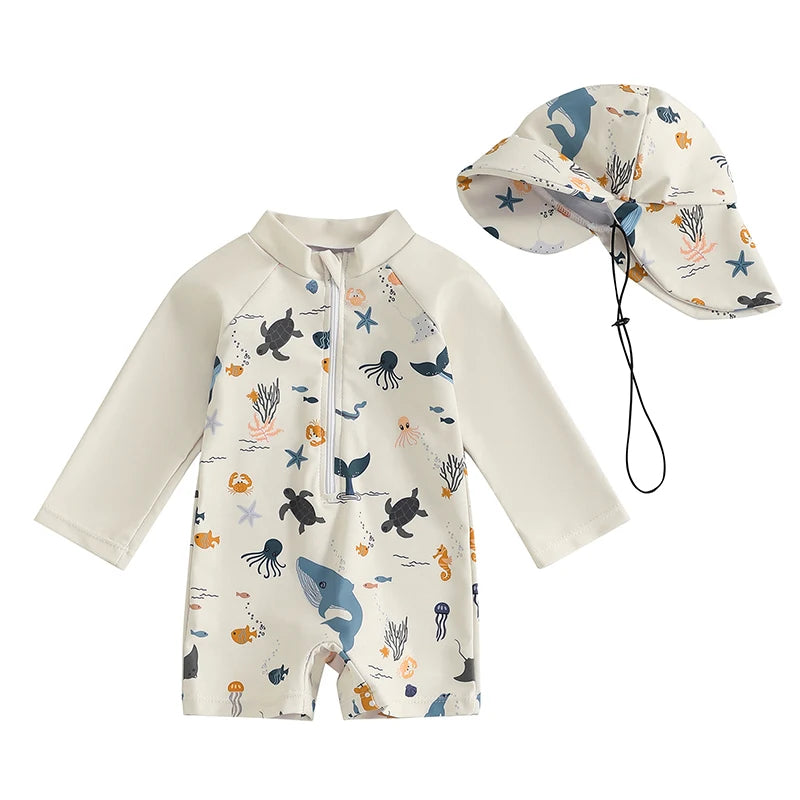 Baby Boys' Marine Print Long Sleeve Zip-Front Swimsuit with Hat