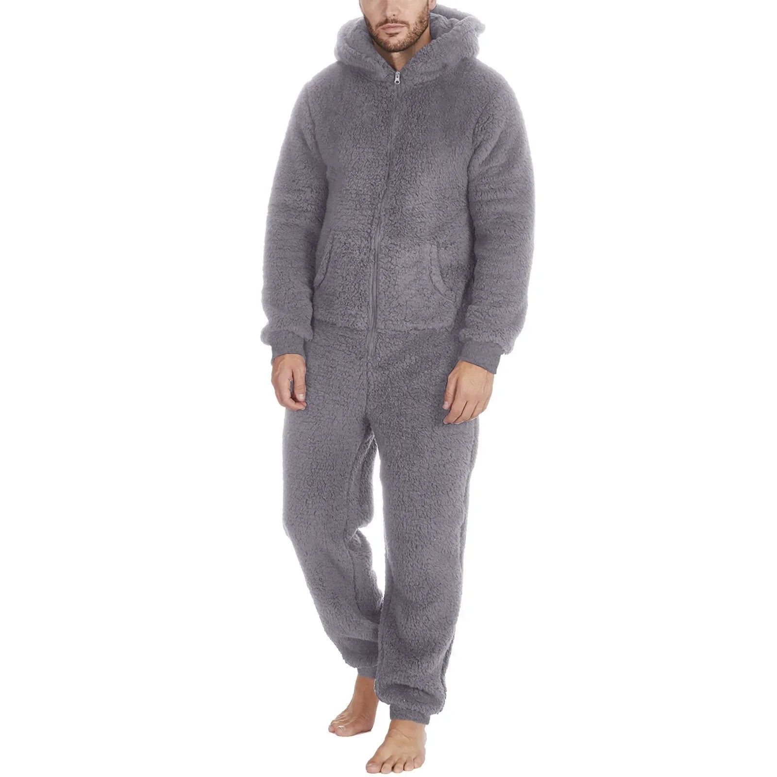 Men's Hooded Zip Front Long Sleeve Plush Pajama Jumpsuit