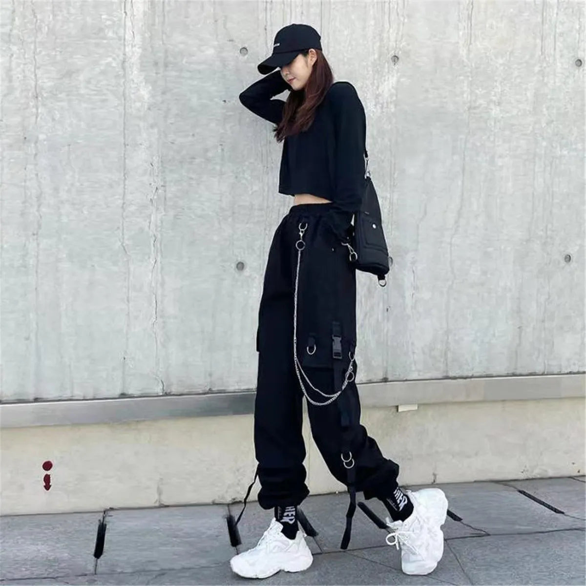 Women's Black Cargo Joggers with Chain Details and Multiple Pockets