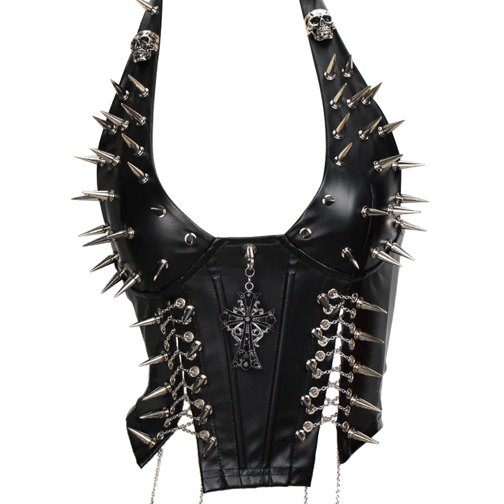 Women's Studded Crop Top with Decorative Spikes and Lace-Up Side Detailing