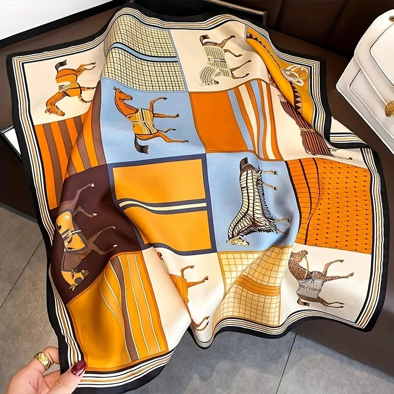 Horse Print Square Scarf with Decorative Patterned Border