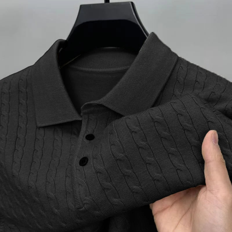 Men's Cable Knit Polo Collar Long Sleeve Sweater