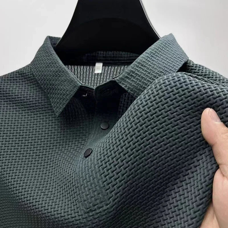 Men's Textured Short-Sleeve Polo Shirt with Collar and Button Placket