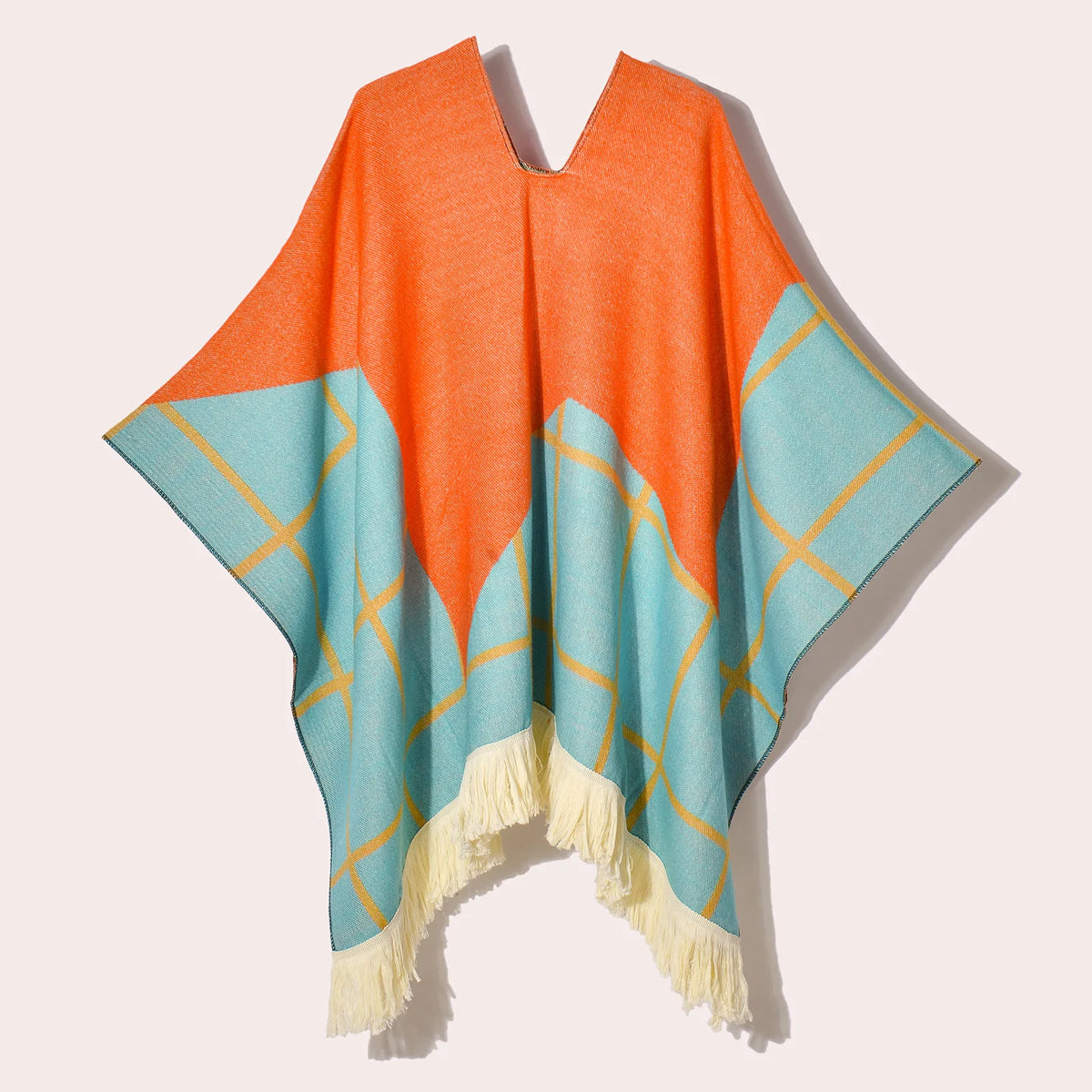 Geometric Pattern Fringe Poncho for Layering over Outfits