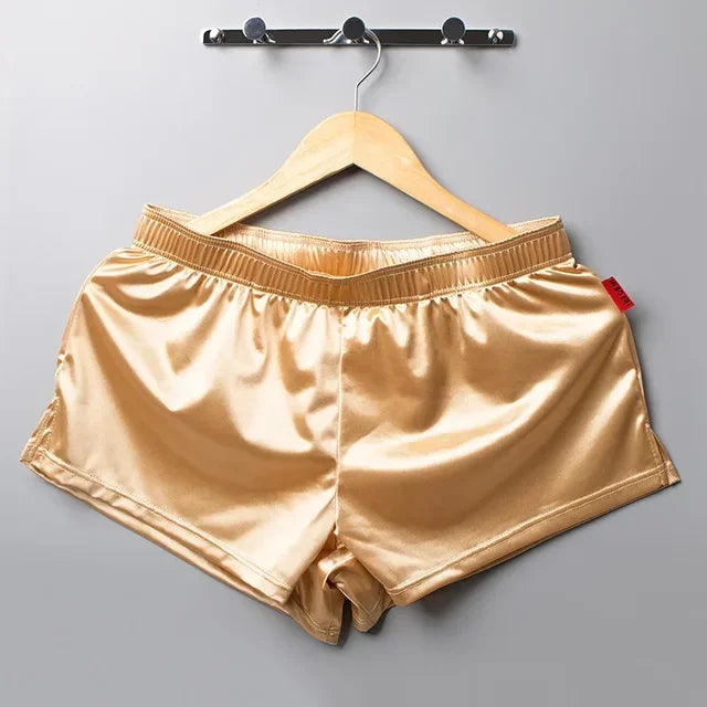 Men's Glossy Solid Split Hem Boxer Style Sleep Shorts