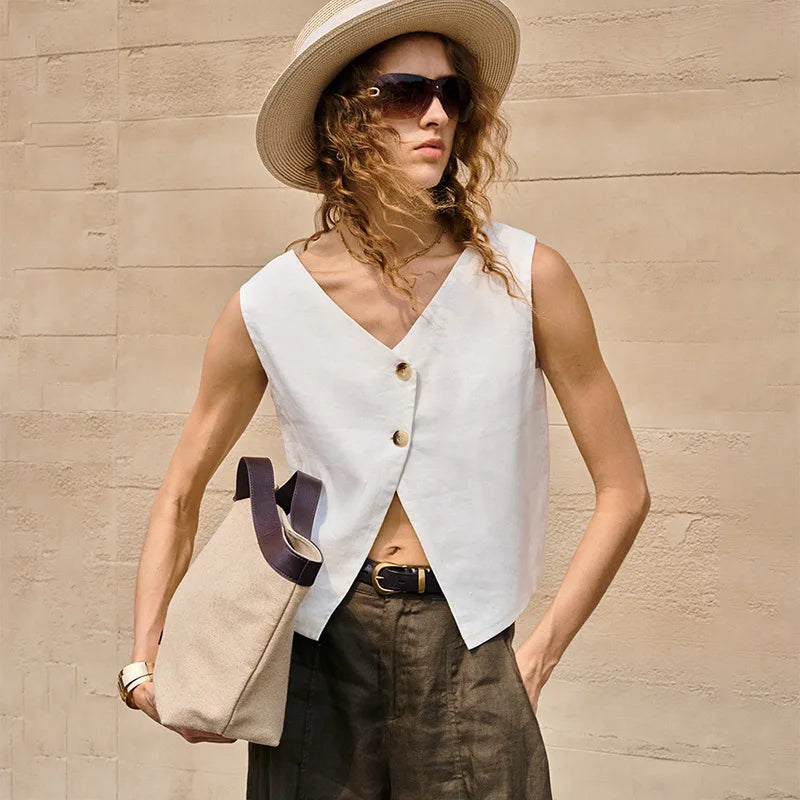 Women's Linen Sleeveless V-Neck Button-Front Cropped Vest Top for Casual Summer Outfits