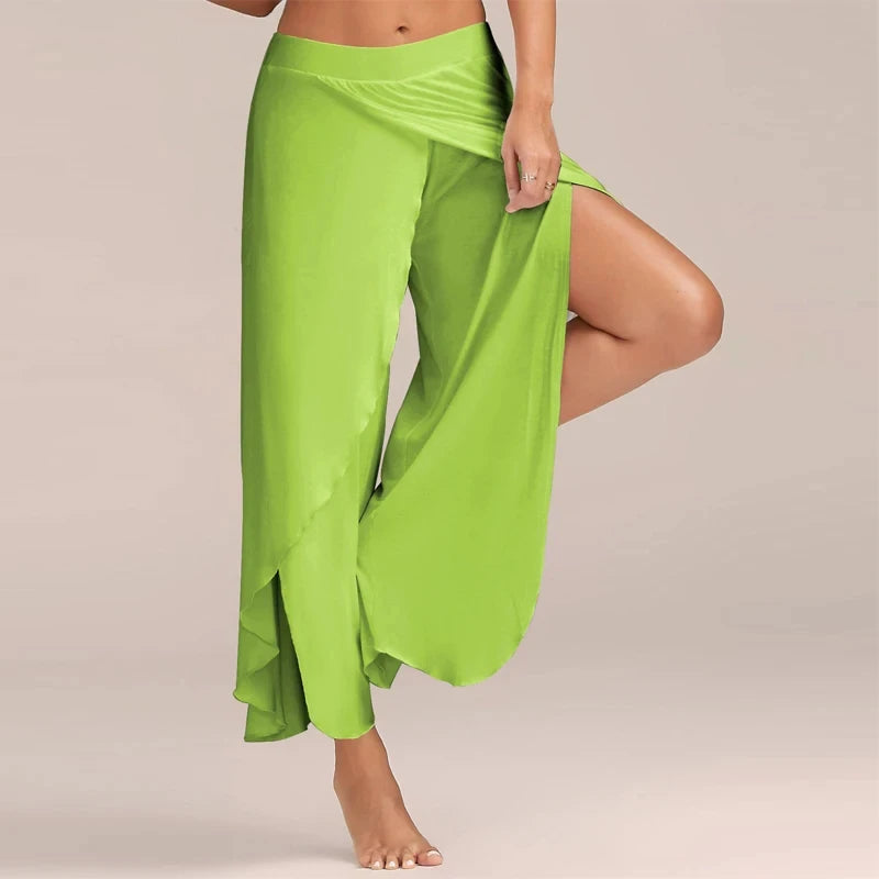 Women's Side Split Polyester Rayon Palazzo Pants with Flowing Wide Legs