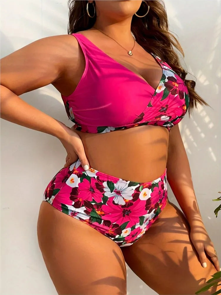 Women's Printed Contrast Panel Top and High Waist Bikini Set