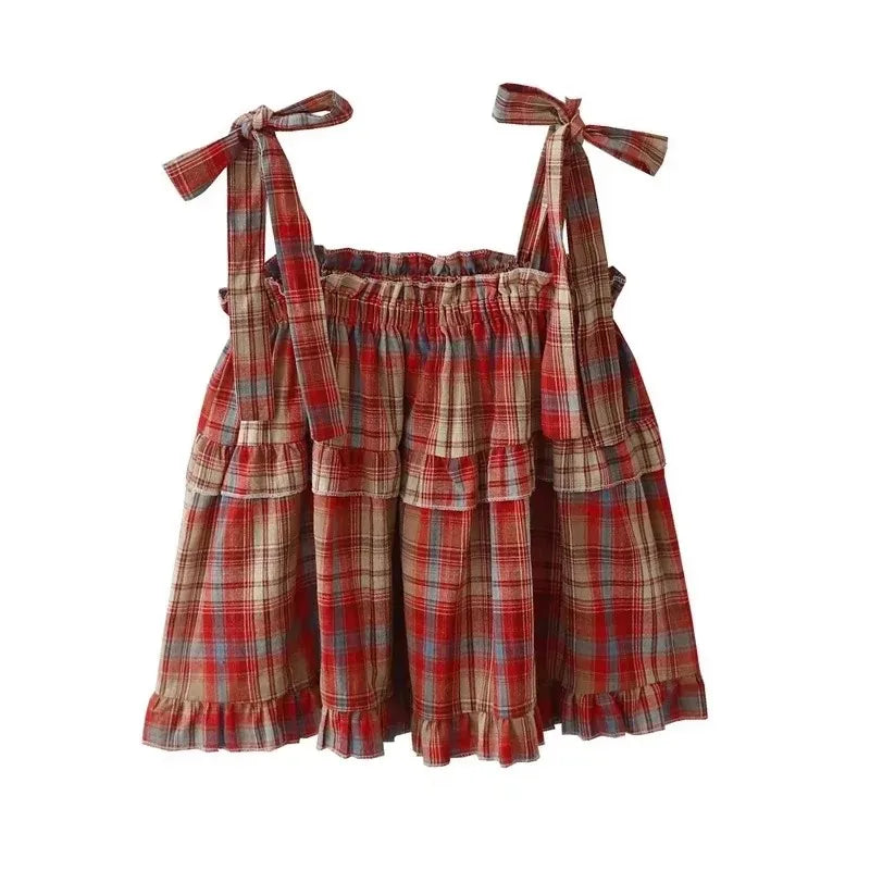 Women's Plaid Cotton Blend Babydoll Camisole with Tie Straps and Tiered Ruffles