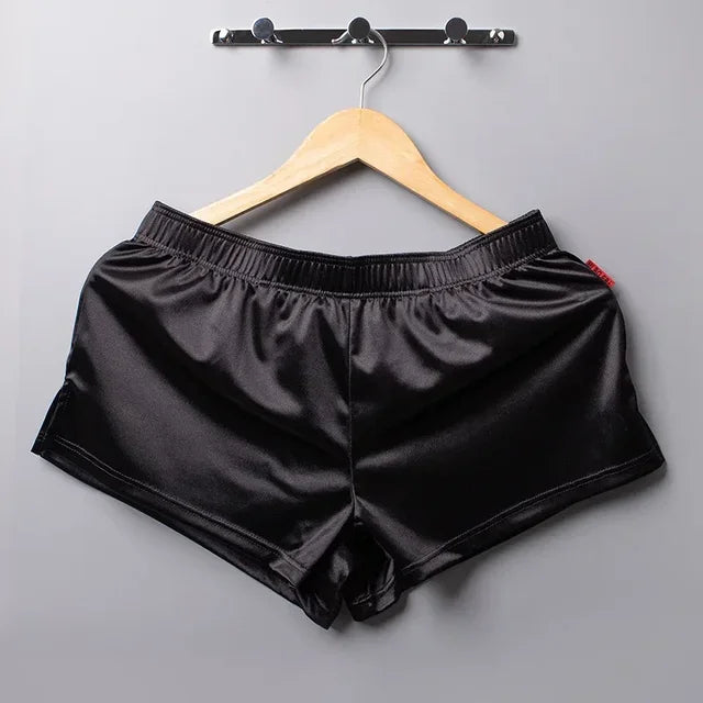 Men's Glossy Solid Split Hem Boxer Style Sleep Shorts