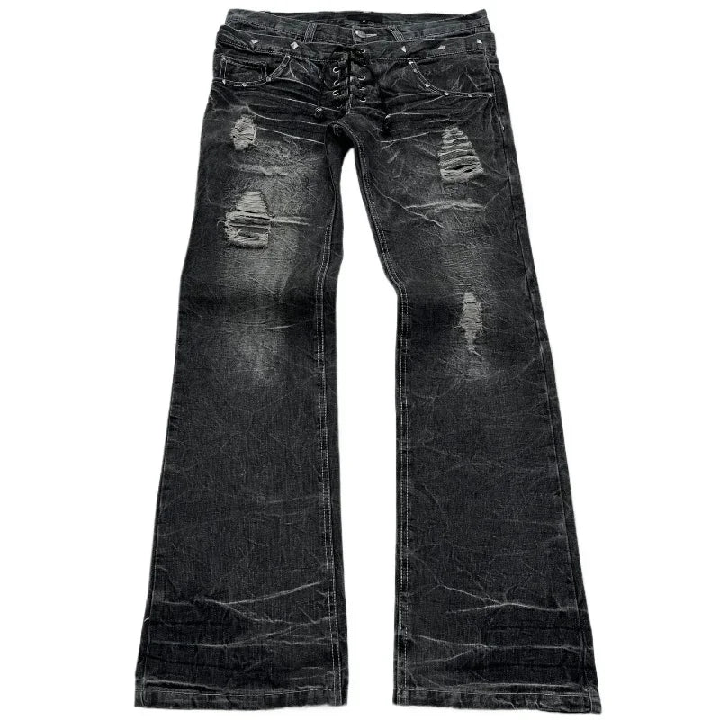 Women's Lace Double Waist Distressed Flared Denim Jeans