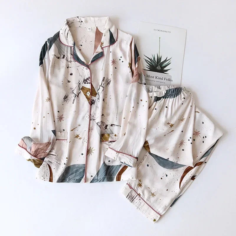 Women's Printed Button Front Pajama Set with Top and Pants