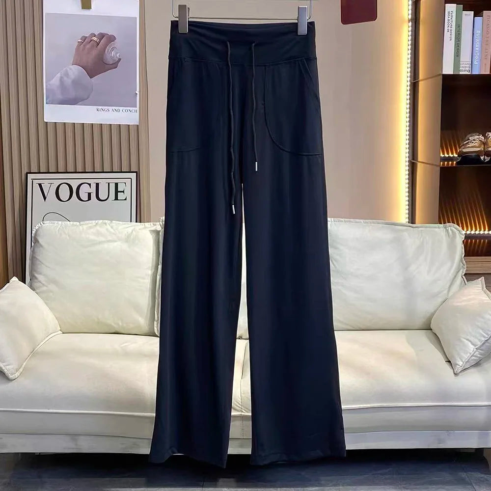 Women's Drawstring Waist Nylon Blend Wide Leg Pants with Side Pockets