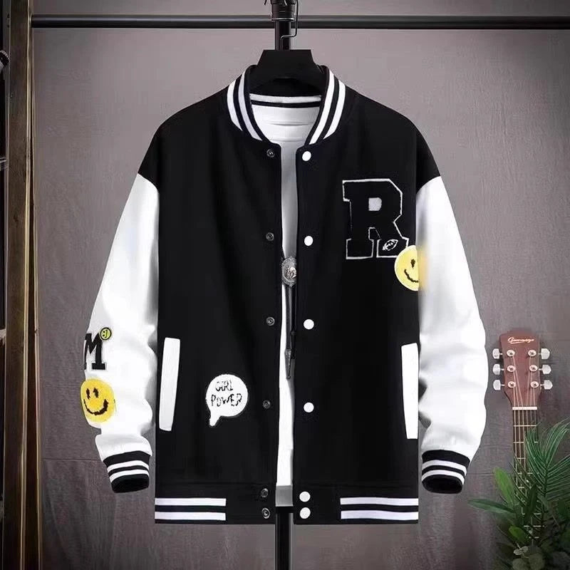 Graphic Long Sleeve Button Front Casual Varsity Style Jacket