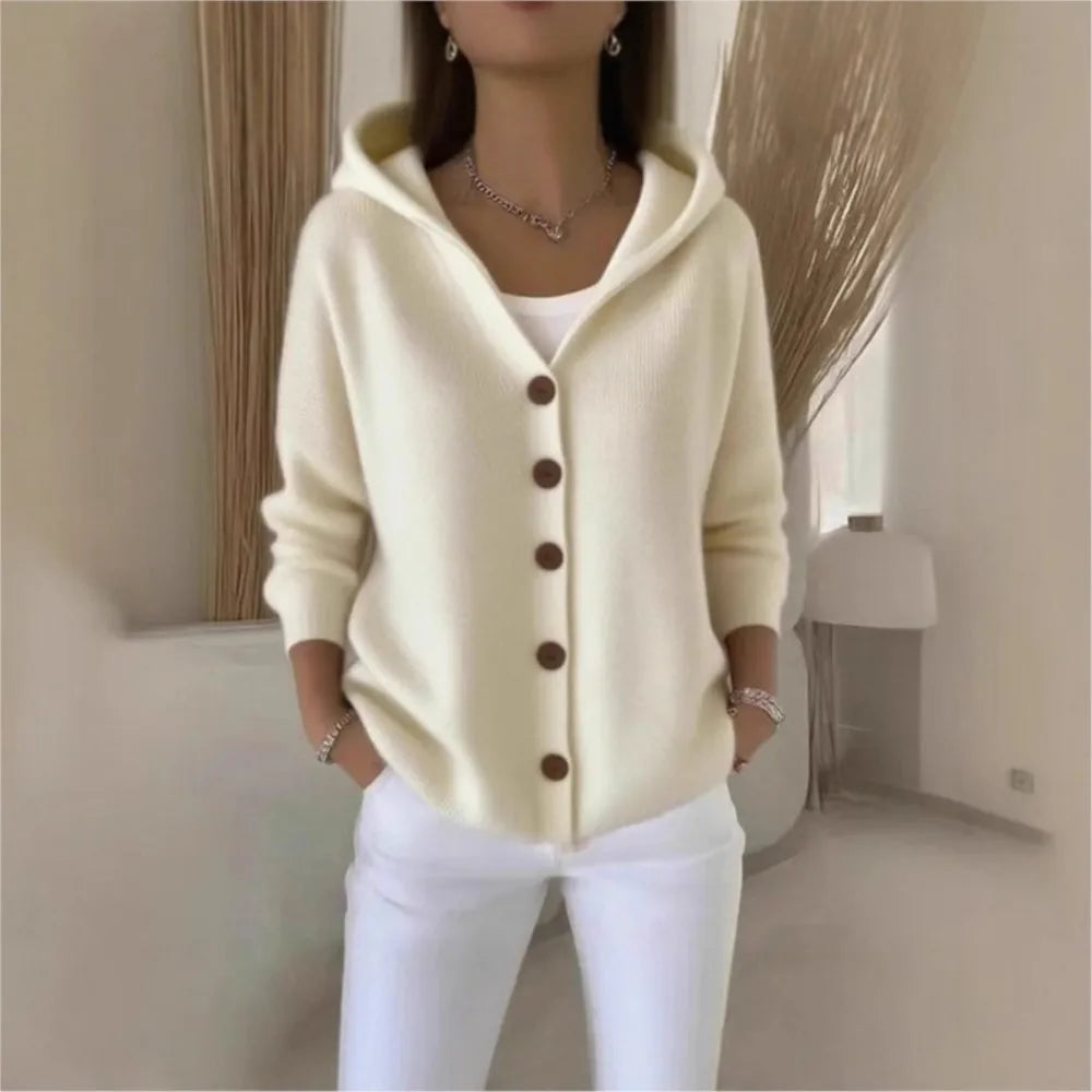 Women's Hooded Button Front Cardigan Casual Knit Layer
