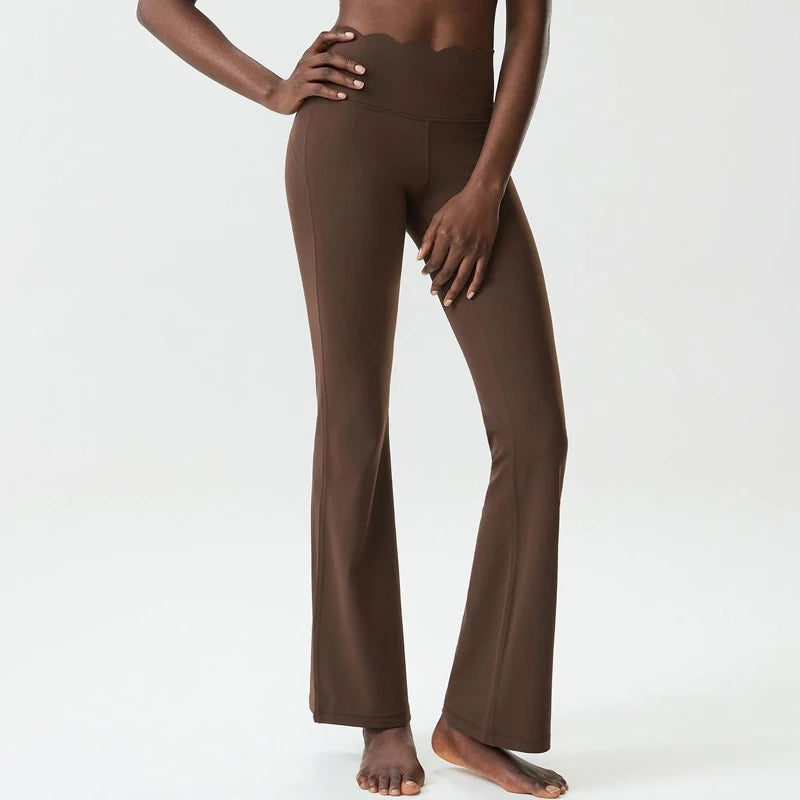 Women's High Waist Nylon Blend Flared Pants with Scalloped Waistband Edge