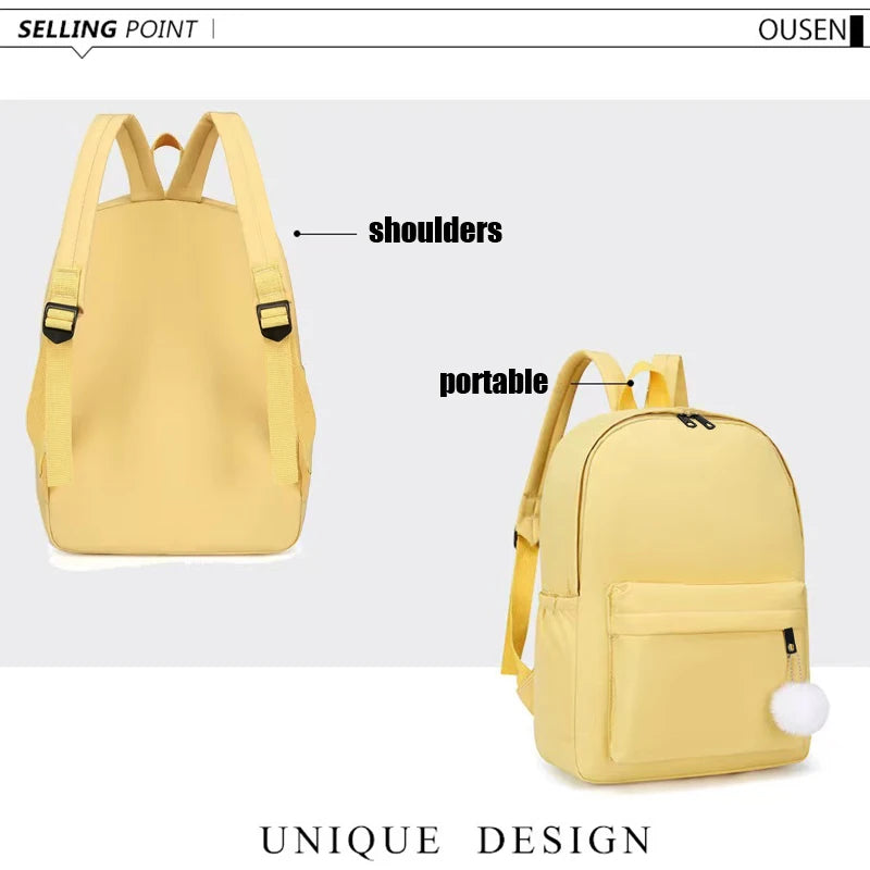 Solid Colour Backpack with Front Pocket and Fluffy Ball Decoration