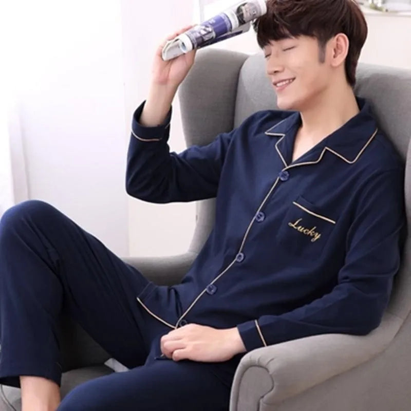 Men's Printed Button Front Long Sleeve Shirt and Pants Pajama Set