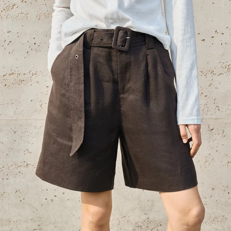 Women's Linen High-Waist Straight Shorts with Pockets Tie Detail and Zipper Fly