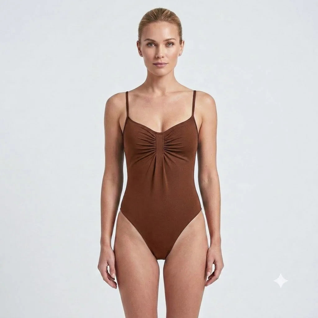 Women's Ruched Polyester Blend Bodysuit with Thin Straps and Shaped Bust