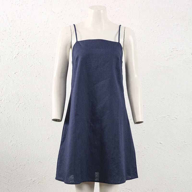 Women's Cotton-Linen Sleeveless A-Line Mini Dress with Straps and Back Tie Detail