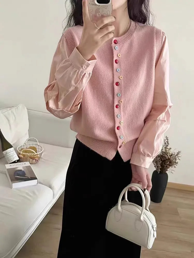 European goods color button cashmere knit vest cardigan women spring and autumn new round neck sleeveless sweater vest