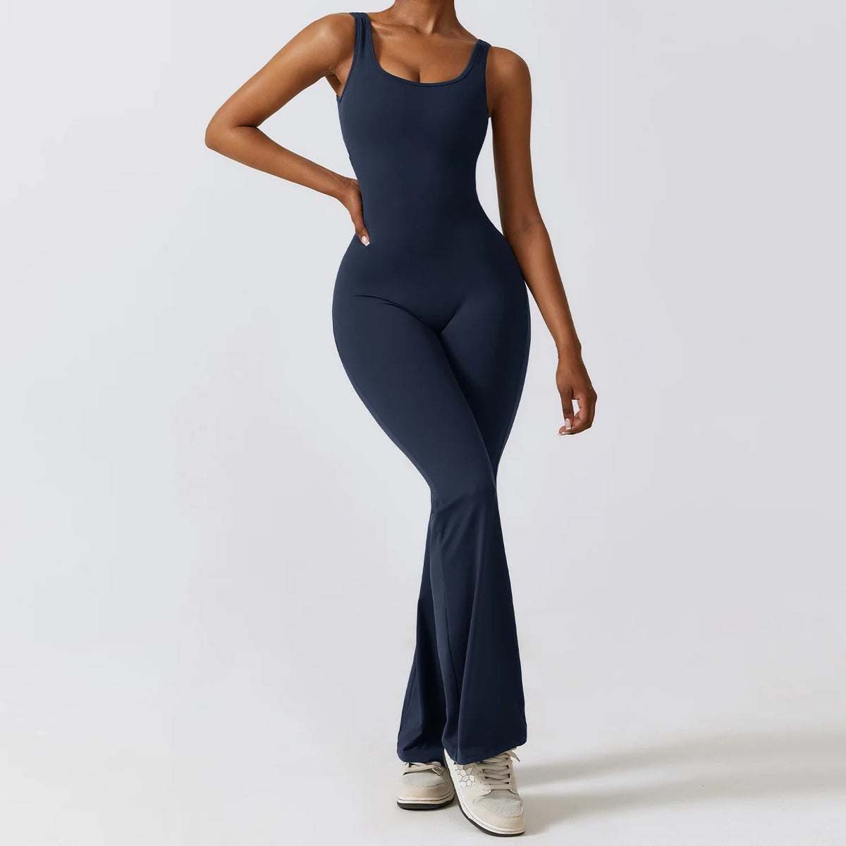 Women's Sleeveless Nylon Blend Flared Workout Jumpsuit with Back Cutout