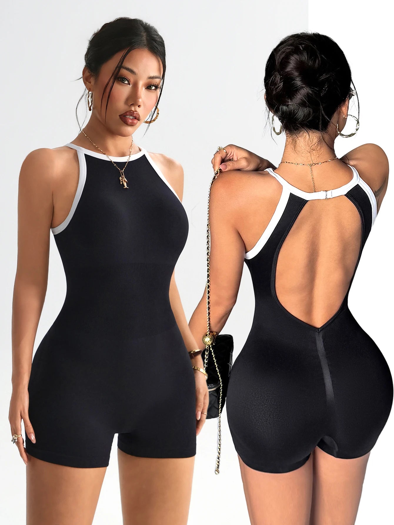 Women's High Neck Nylon Blend Workout Romper with Contrast Trim