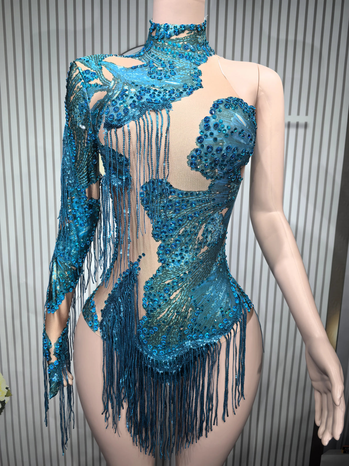 Women's Asymmetric Rhinestone Fringe Dance Bodysuit for Stage Performance Outfits