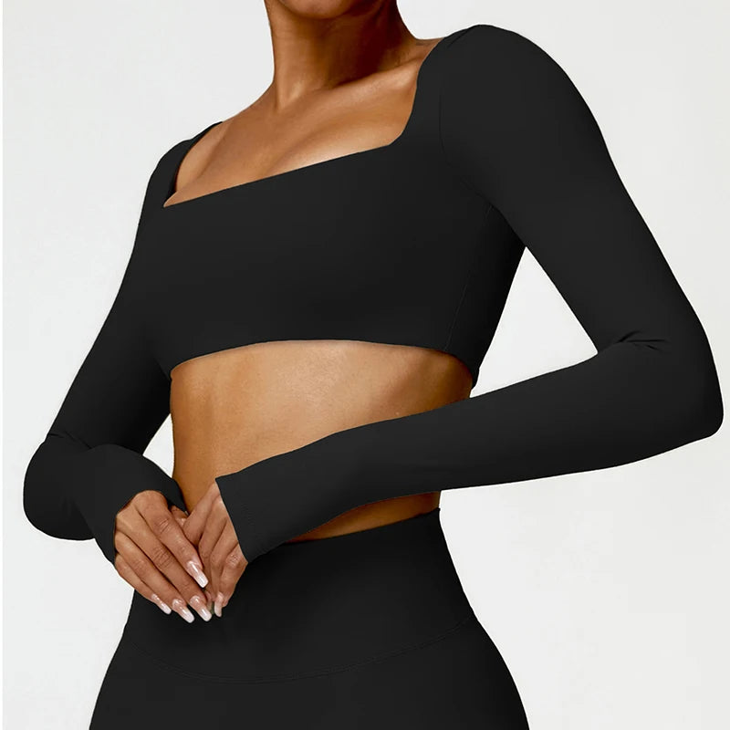 Women's Square Neck Long Sleeve Crop Top For Workout Outfits