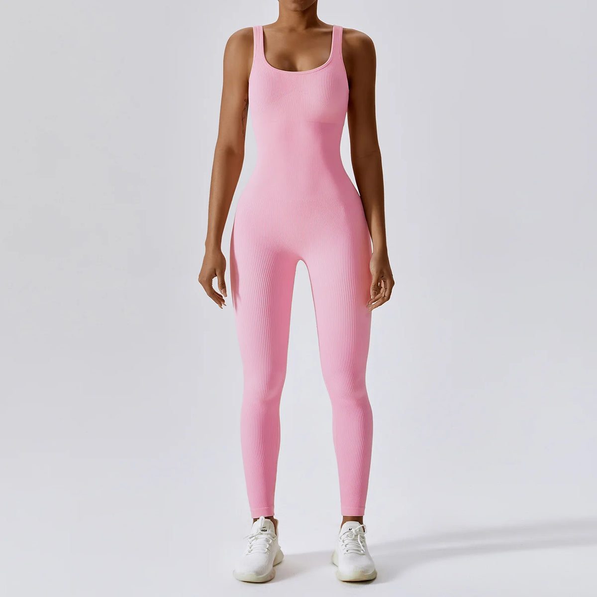 Women's Ribbed Nylon Blend Sleeveless Workout Jumpsuit with Scoop Neck