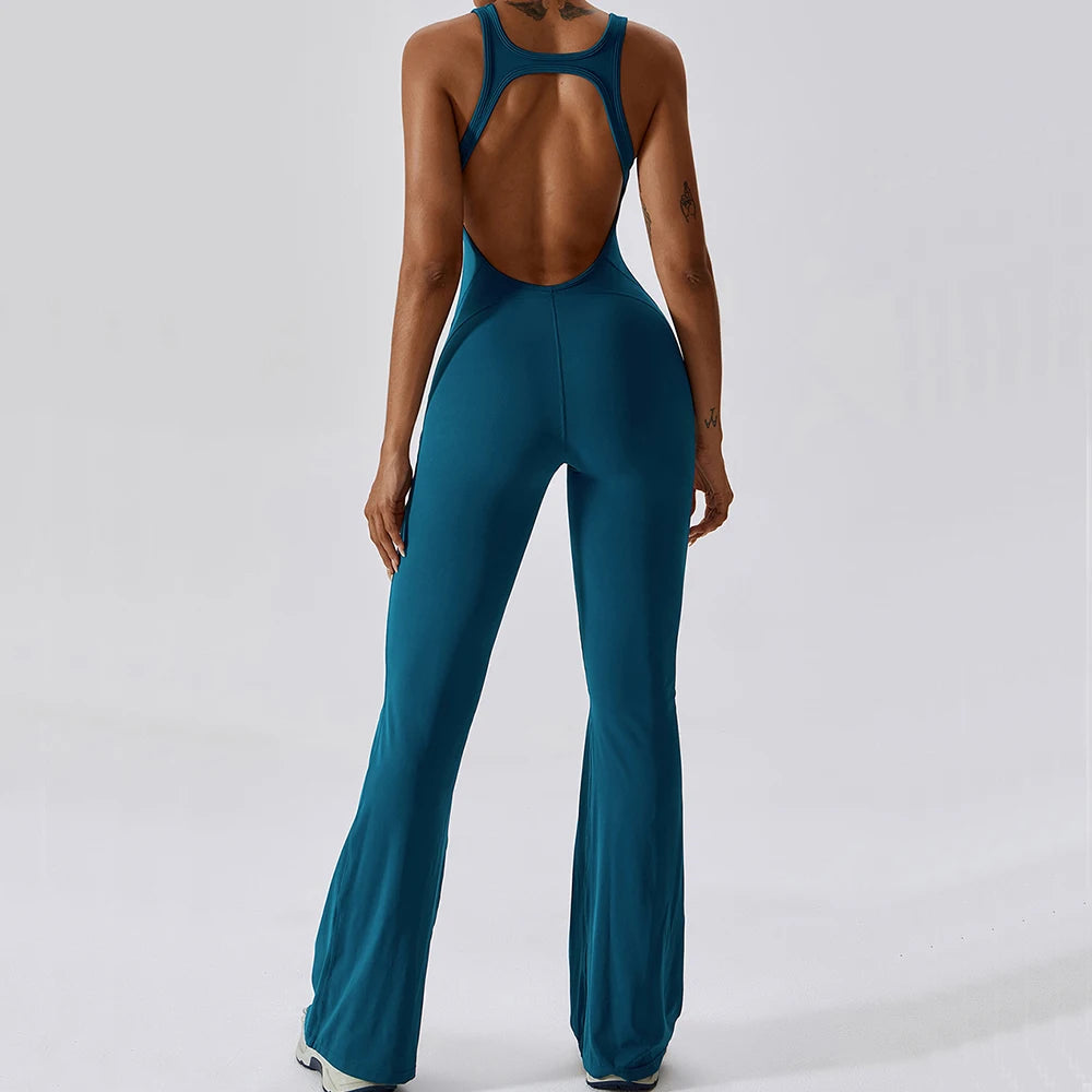 Women's Open Back Nylon Blend Flared Workout Jumpsuit with Tank Top