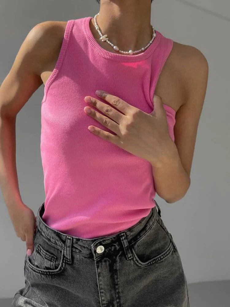 Women's Ribbed Tank Top with a Halter Neck and Sleeveless Design