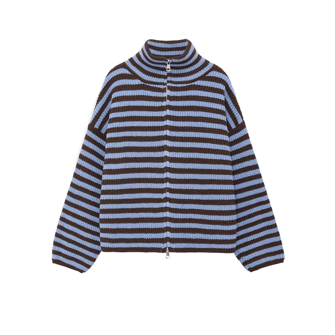 Women's Striped Full Zip Cardigan Casual Knit Layer