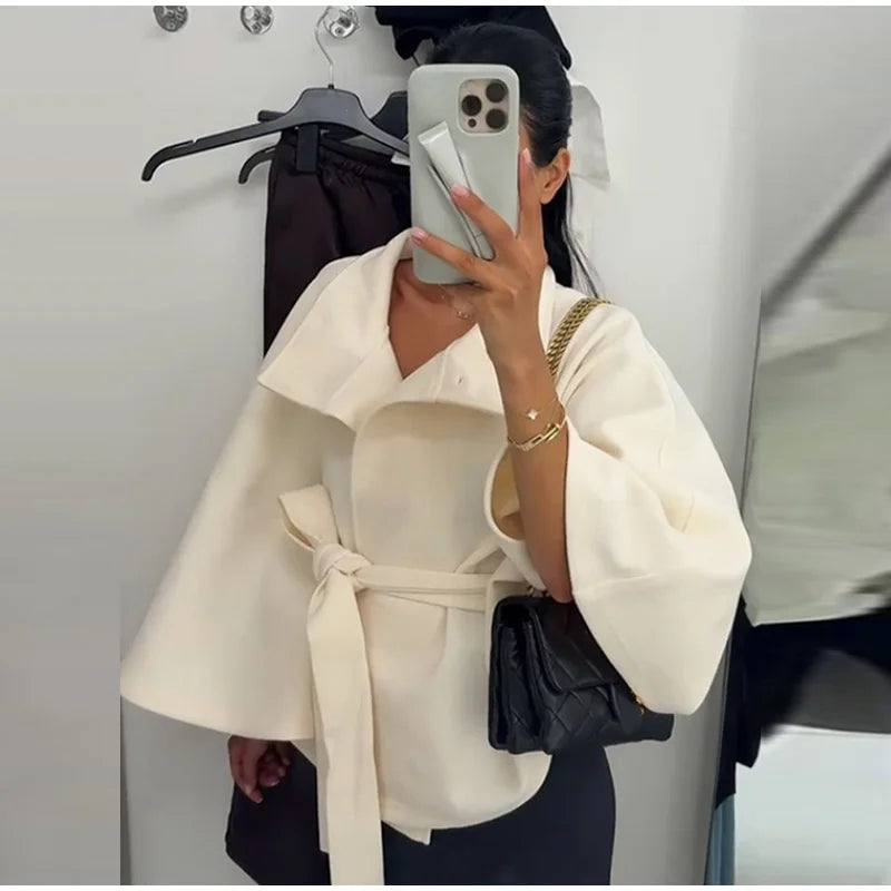 Belted Button Stand Collar Cape for Layering over Outfits