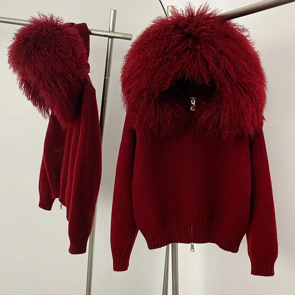 Women's Hooded Zip Front Fluffy Trim Jacket Casual Knit Layer