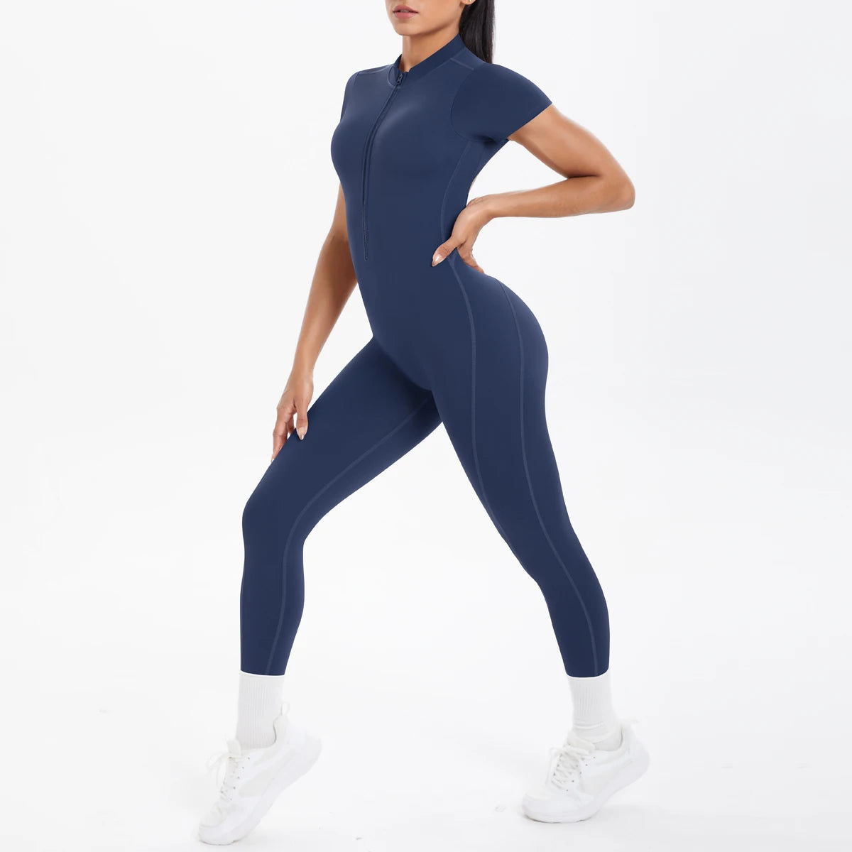 Women's Zip Front Nylon Blend Workout Jumpsuit with Open Back and Sleeve Options