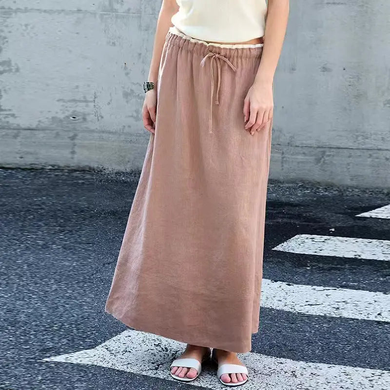 Women's Linen High-Waist Loose Straight Ankle-Length Skirt with Patchwork Detail for Summer