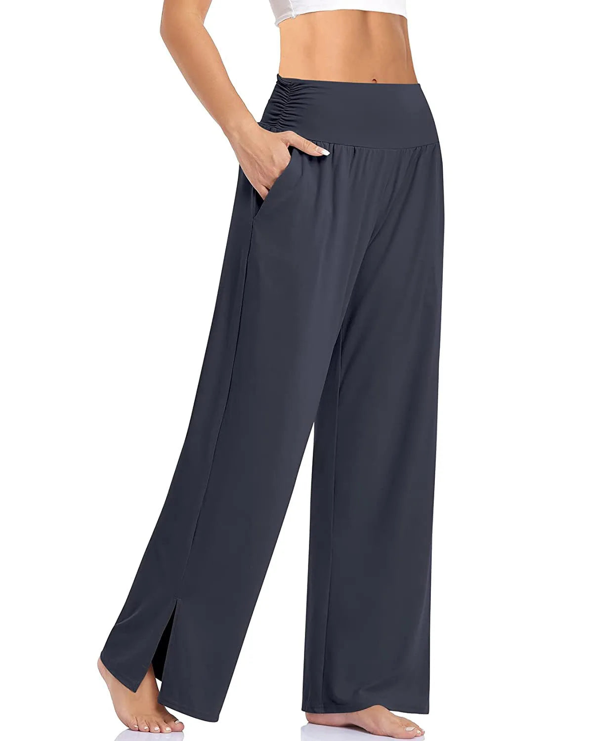 Women's High Waist Polyester Blend Wide Leg Pants with Ankle Slits