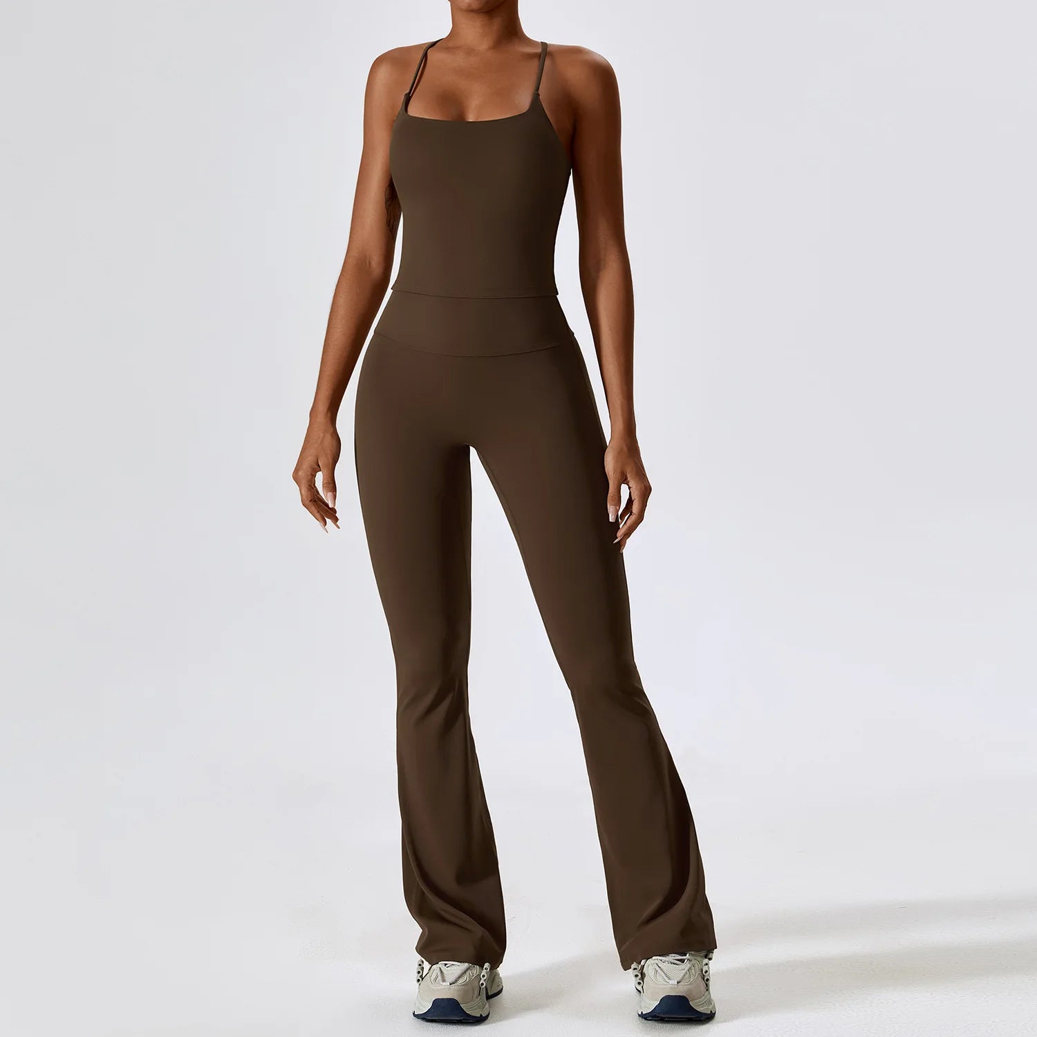 Women's Crop Top Sleeve Layer And Flared Pants Yoga Set